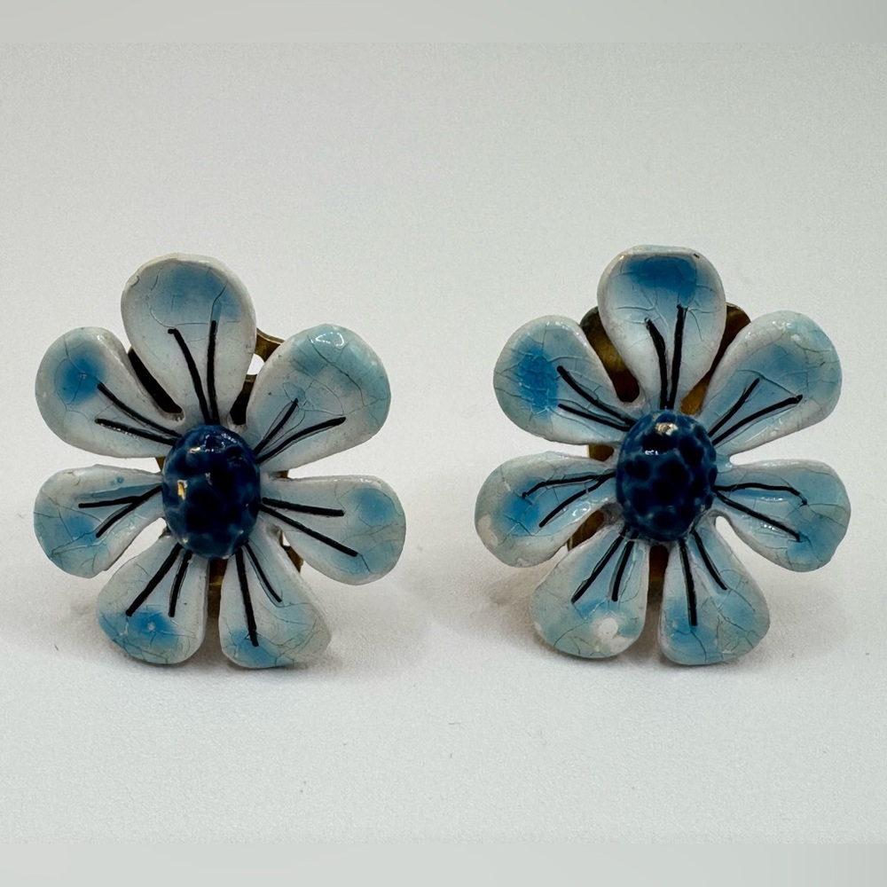 Vintage ART Arthur Pepper Clip On Earrings Blue Enamel Flowers Gold Tone